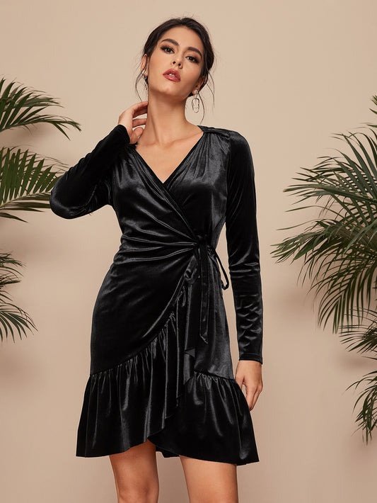 Wrap Tie Side Ruffle Velvet A-line Dress