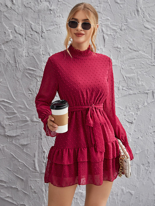 Shirred Neck Layered Hem Belted Swiss Dot Dress
