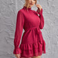 Shirred Neck Layered Hem Belted Swiss Dot Dress