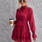 Shirred Neck Layered Hem Belted Swiss Dot Dress