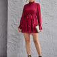 Shirred Neck Layered Hem Belted Swiss Dot Dress