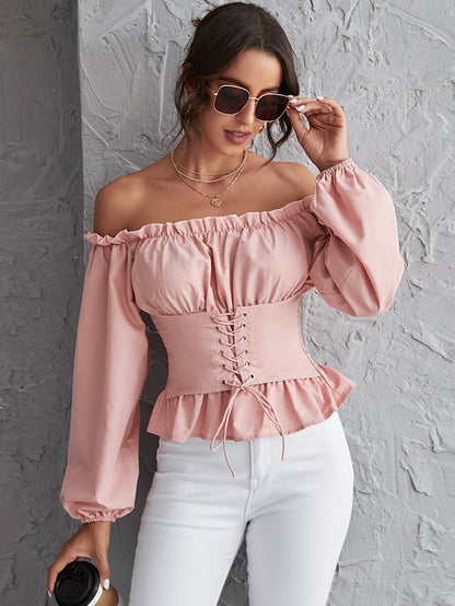 Off Shoulder Lace Up Shirred Back Peplum Top