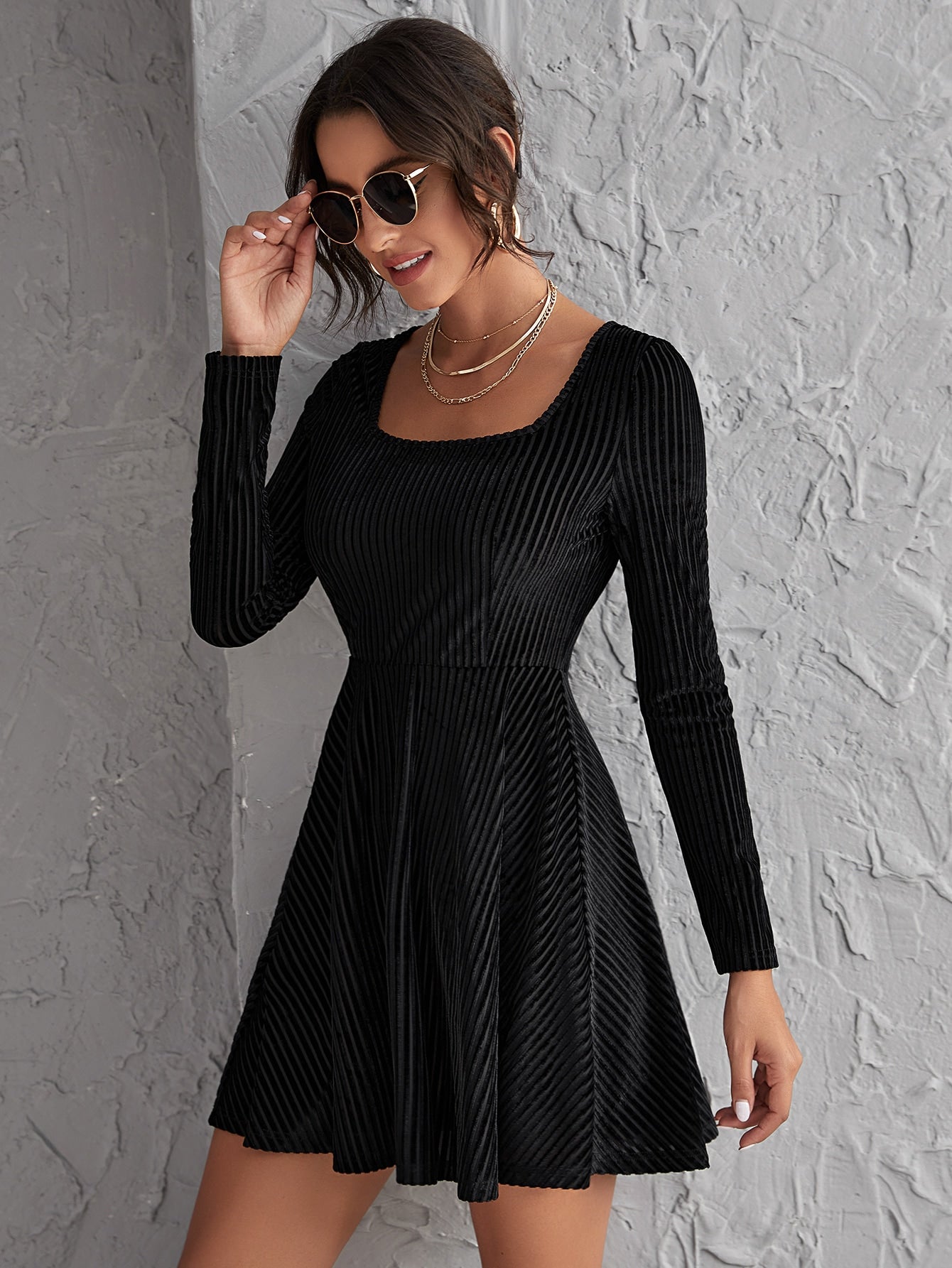 Square Neck Fit & Flare Rib-knit Velvet Dress