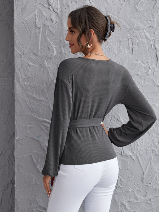 Wrap Belted Rib-knit Top