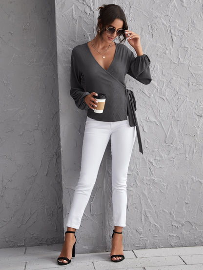 Wrap Belted Rib-knit Top