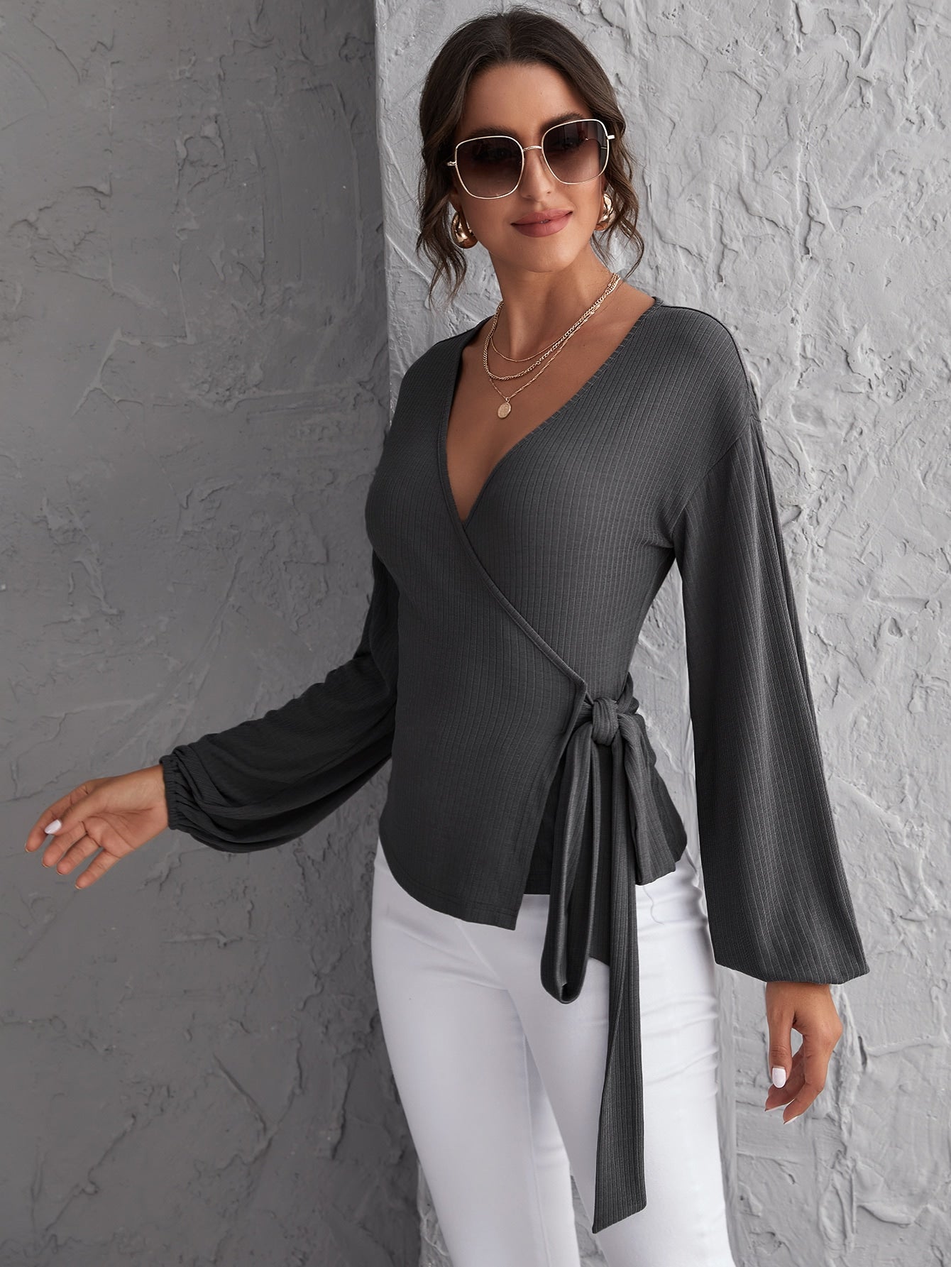 Wrap Belted Rib-knit Top