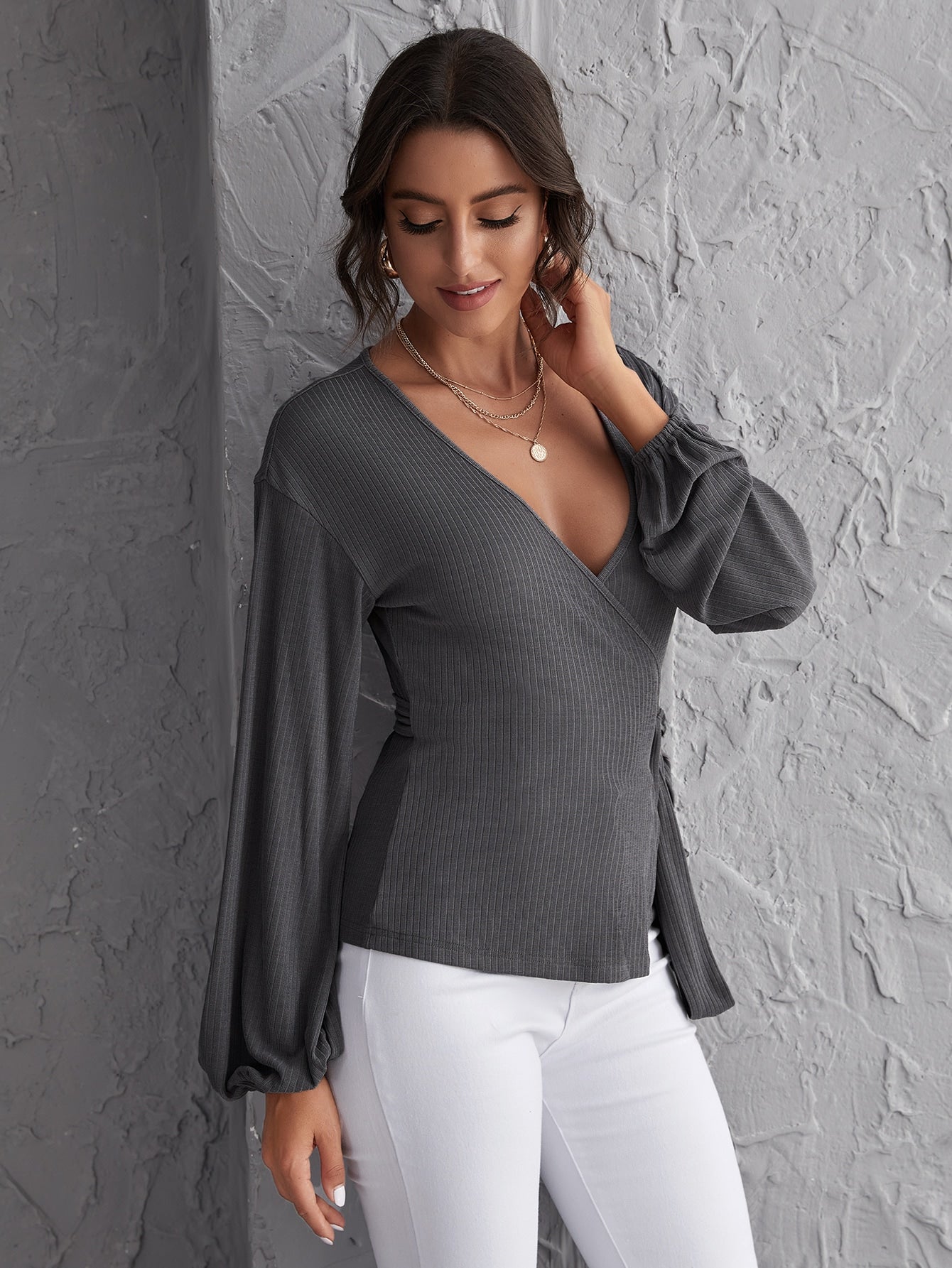Wrap Belted Rib-knit Top