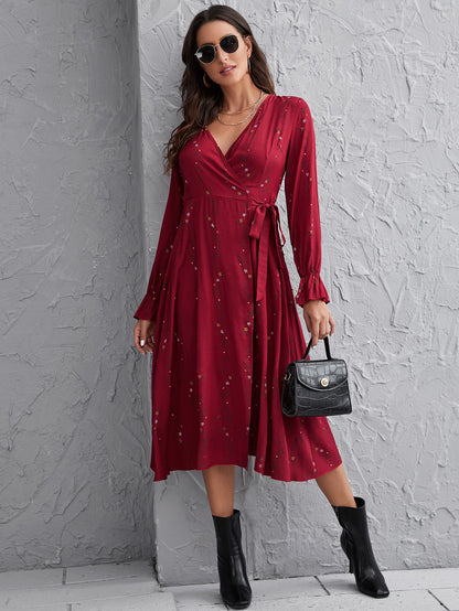 Flounce Sleeve Wrap Belted Ditsy Floral Dress