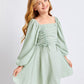 Girls Drawstring Front Shirred Back Lantern Sleeve Dress