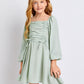 Girls Drawstring Front Shirred Back Lantern Sleeve Dress