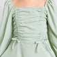 Girls Drawstring Front Shirred Back Lantern Sleeve Dress