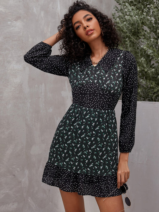 Doll Collar Ditsy Floral & Polka Dot Print A-line Dress