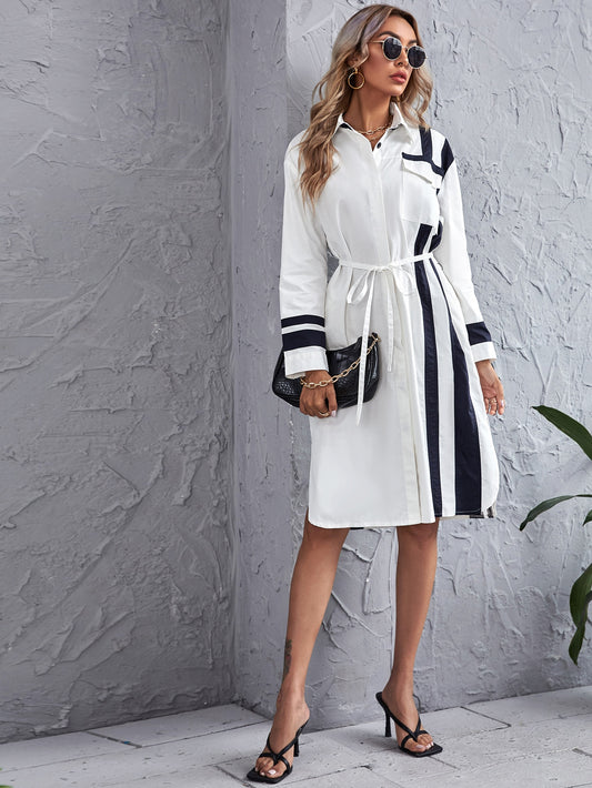 Striped Flap Pocket Belted Shirt Dress