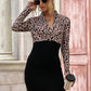 Shawl Collar Leopard Print Color Block Dress