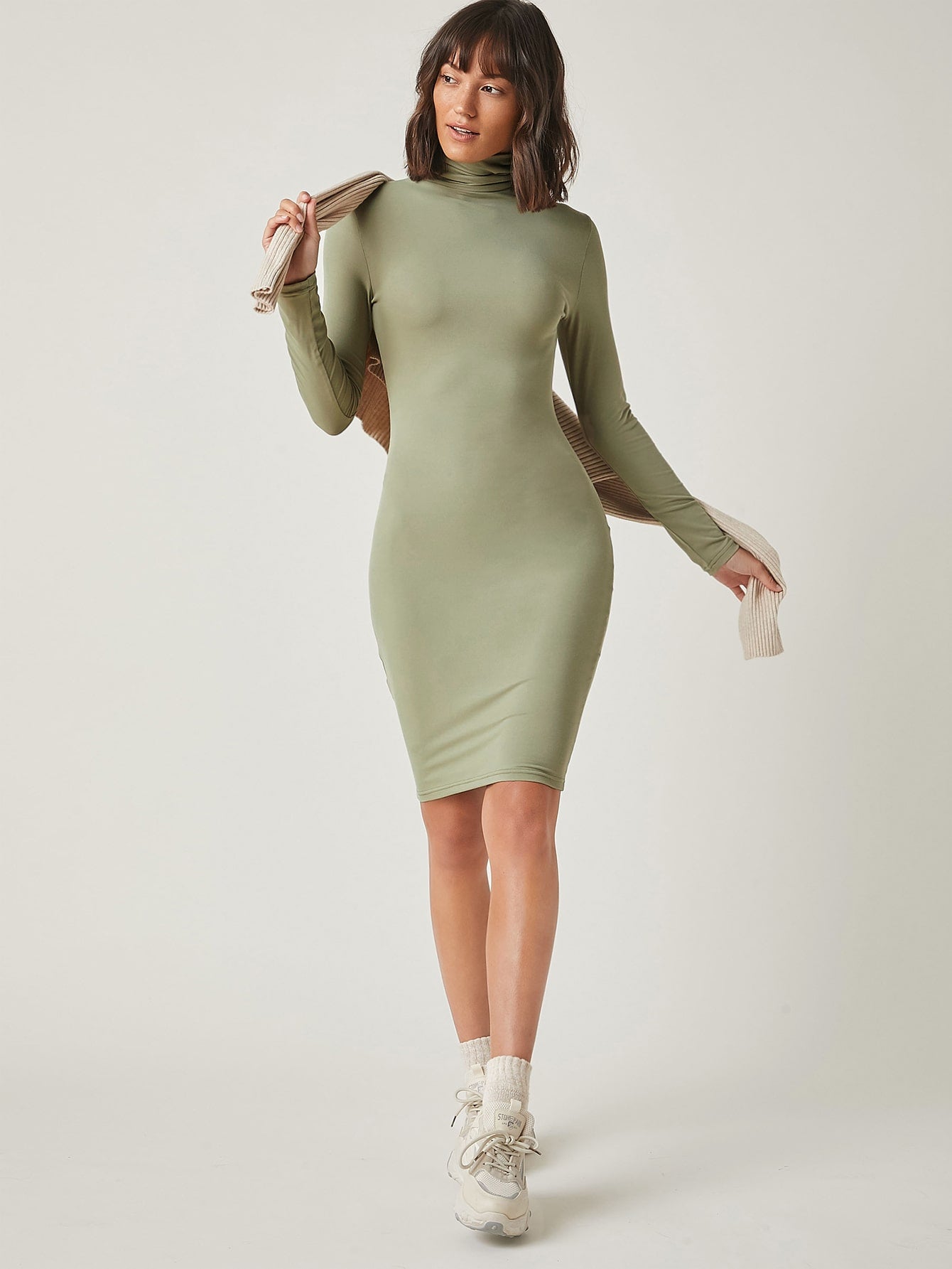 High Neck Solid Bodycon Dress