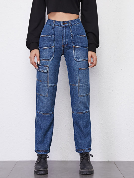 High Waist Patch Pocket Straight Jeans