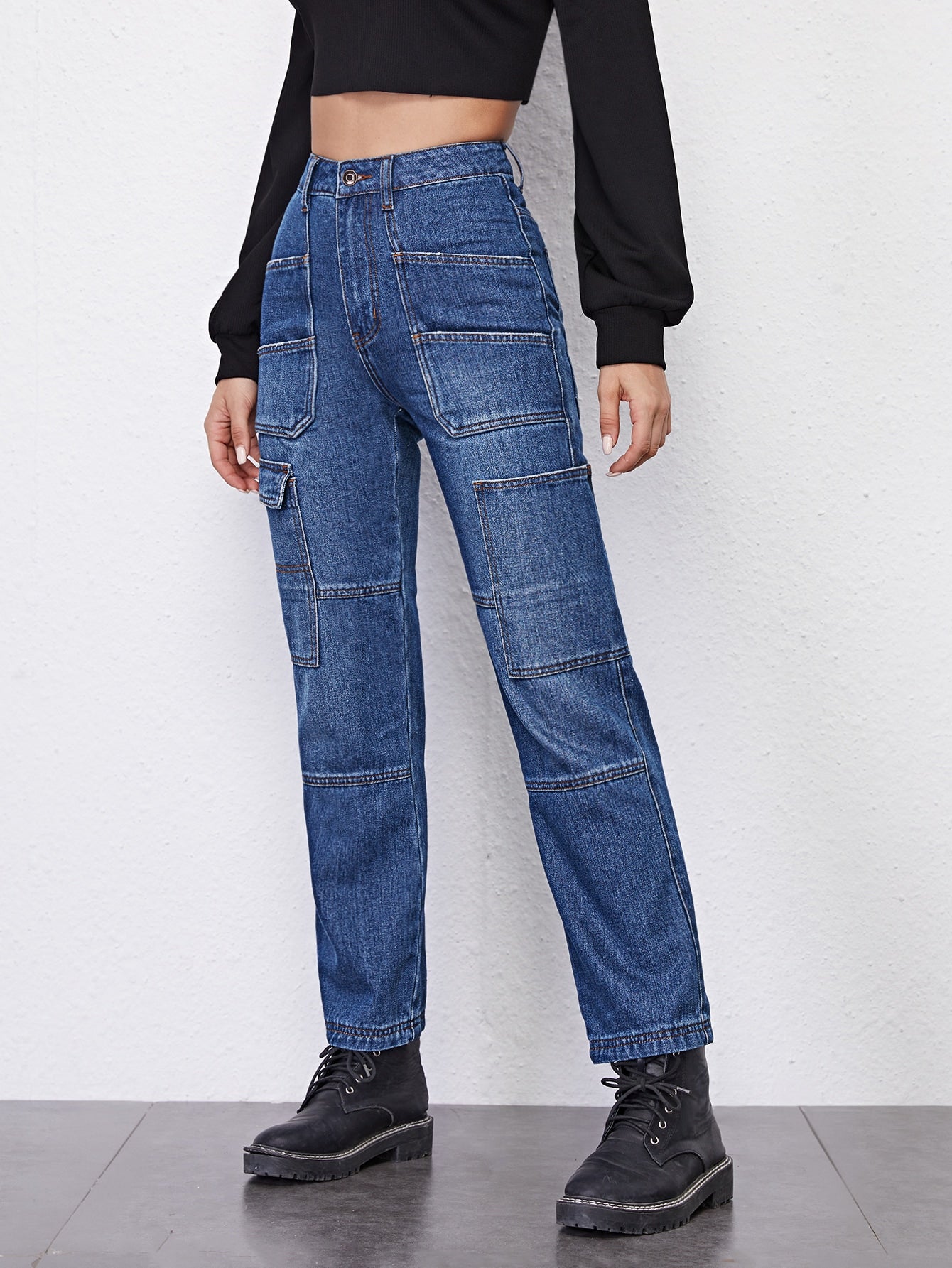 High Waist Patch Pocket Straight Jeans