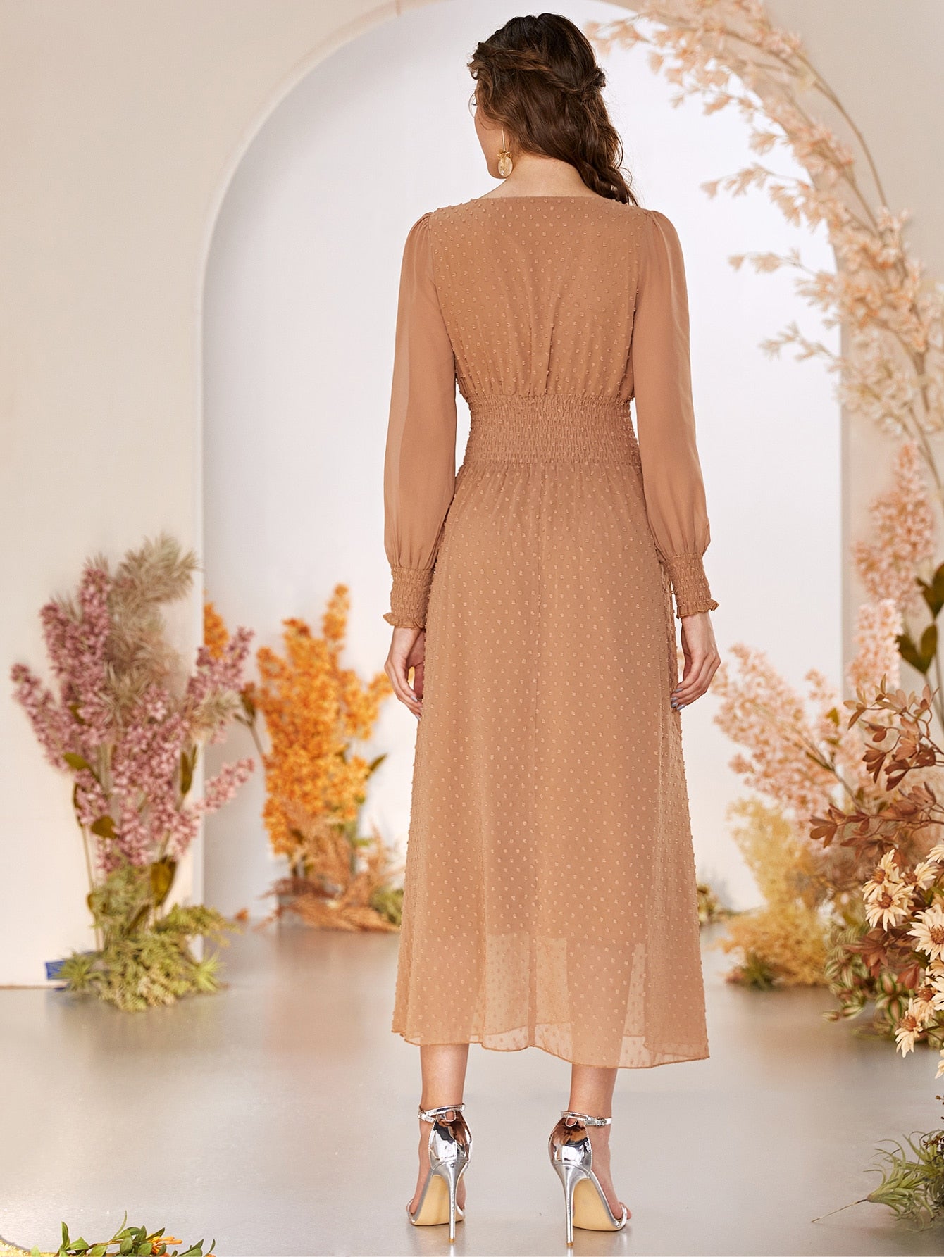 Swiss Dot Button Front Shirred Waist Dress