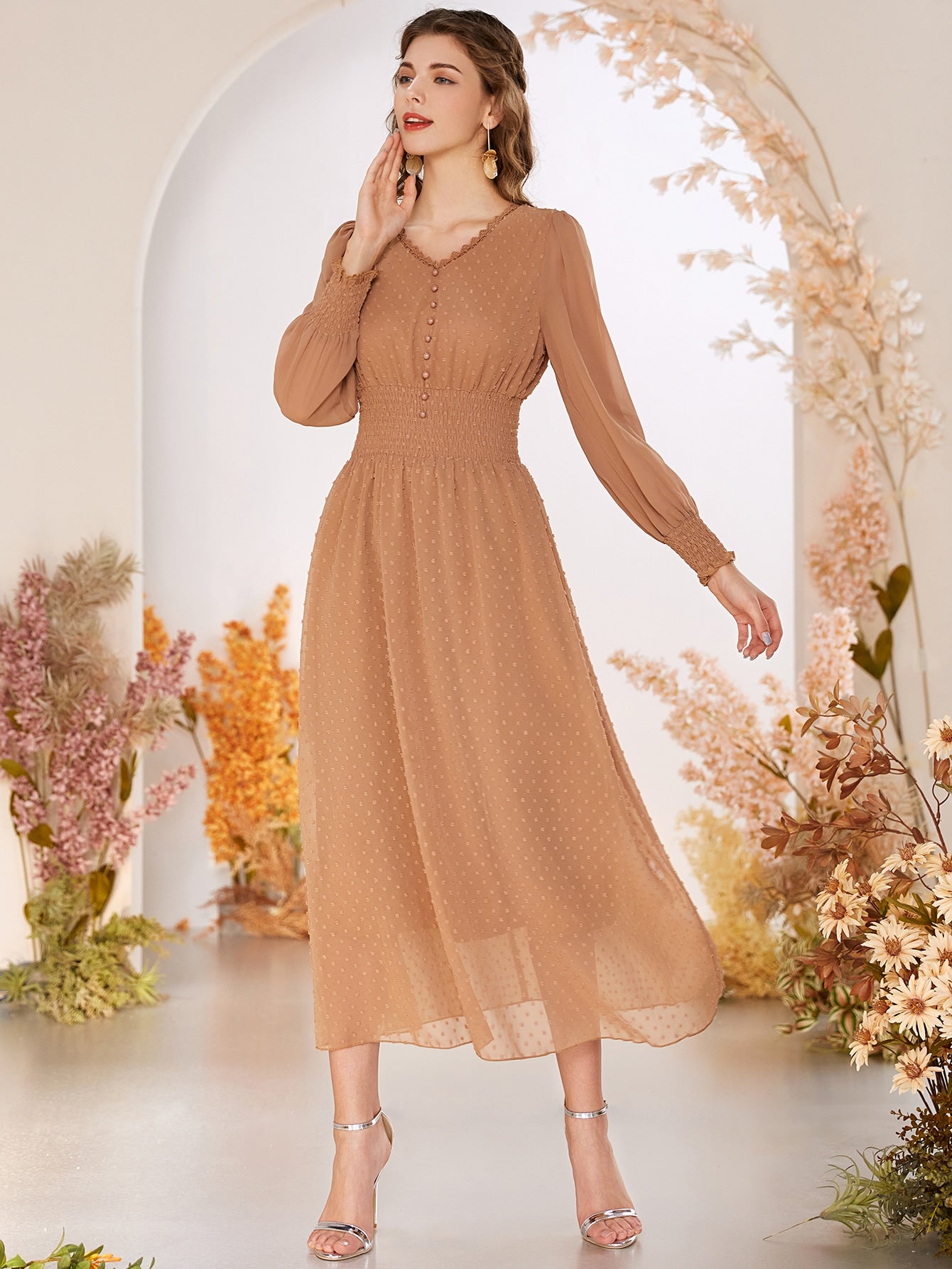 Swiss Dot Button Front Shirred Waist Dress