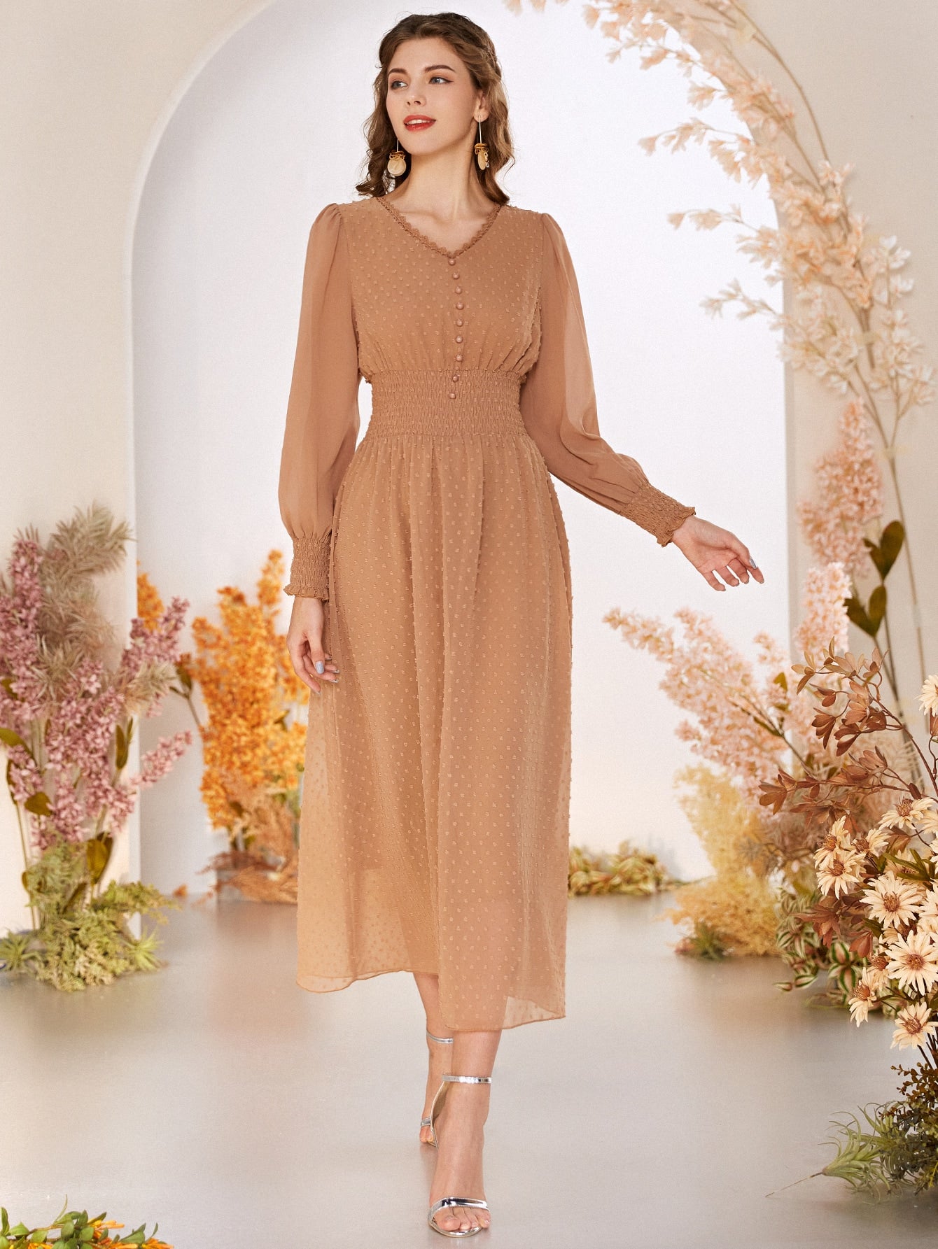Swiss Dot Button Front Shirred Waist Dress