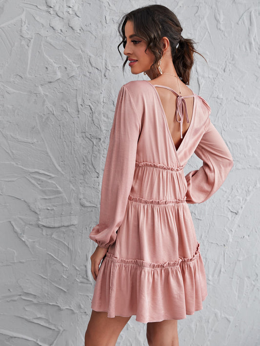 Tie Back Frill Trim V-neck Ruffle Hem Dress