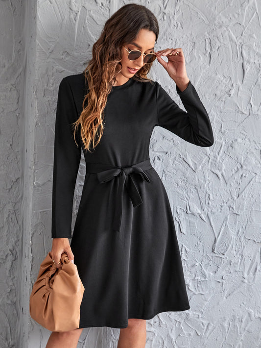 Solid Belted A-line Dress