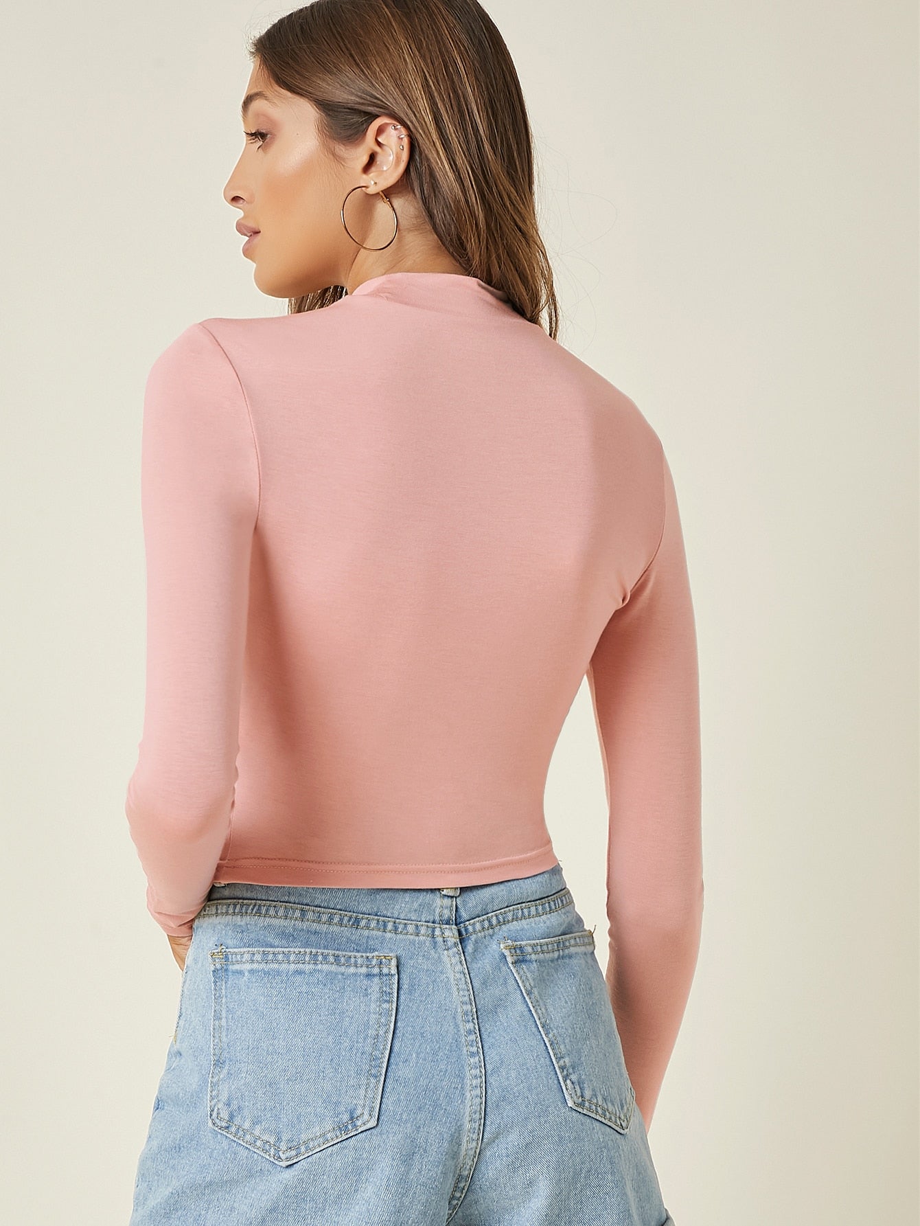 Mock Neck Solid Slim Crop Tee