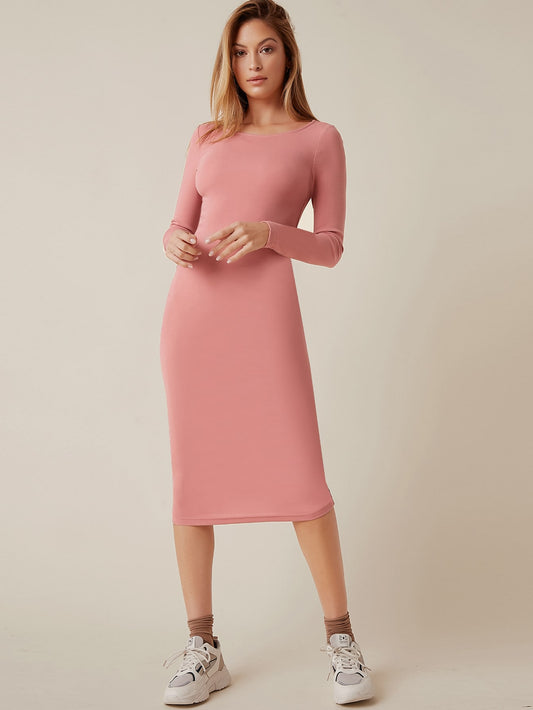 Solid Boat Neck Bodycon Dress