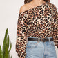 Leopard Print Asymmetrical Neck Lantern Sleeve Top