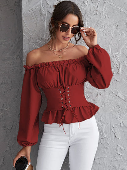 Off Shoulder Lace Up Shirred Back Peplum Top