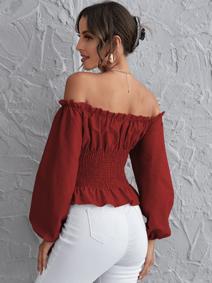 Off Shoulder Lace Up Shirred Back Peplum Top