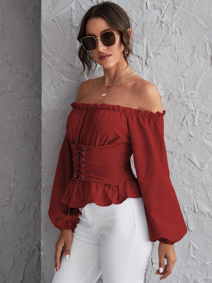 Off Shoulder Lace Up Shirred Back Peplum Top
