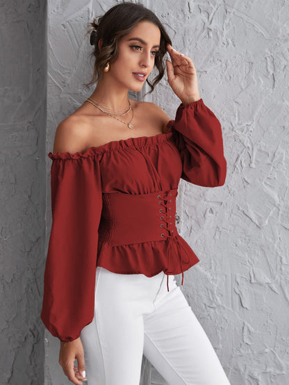 Off Shoulder Lace Up Shirred Back Peplum Top