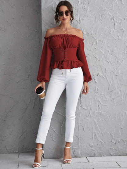 Off Shoulder Lace Up Shirred Back Peplum Top