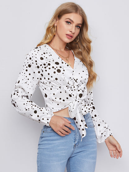 Polka-dot Print Tie Front Top