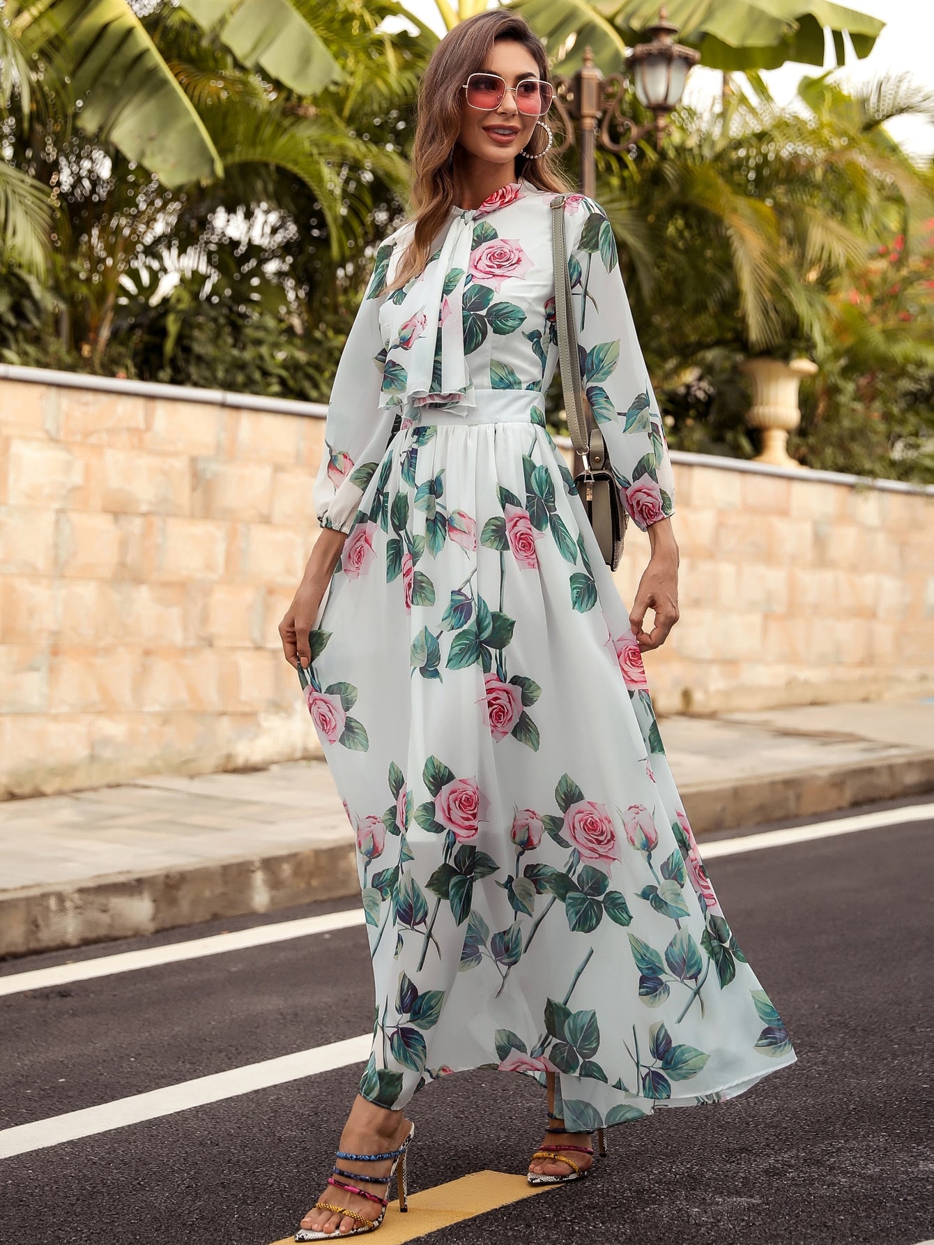 Tie Neck Floral A-line Dress