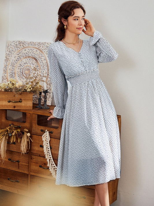 Flounce Sleeve Shirred Waist All Over Print Dress