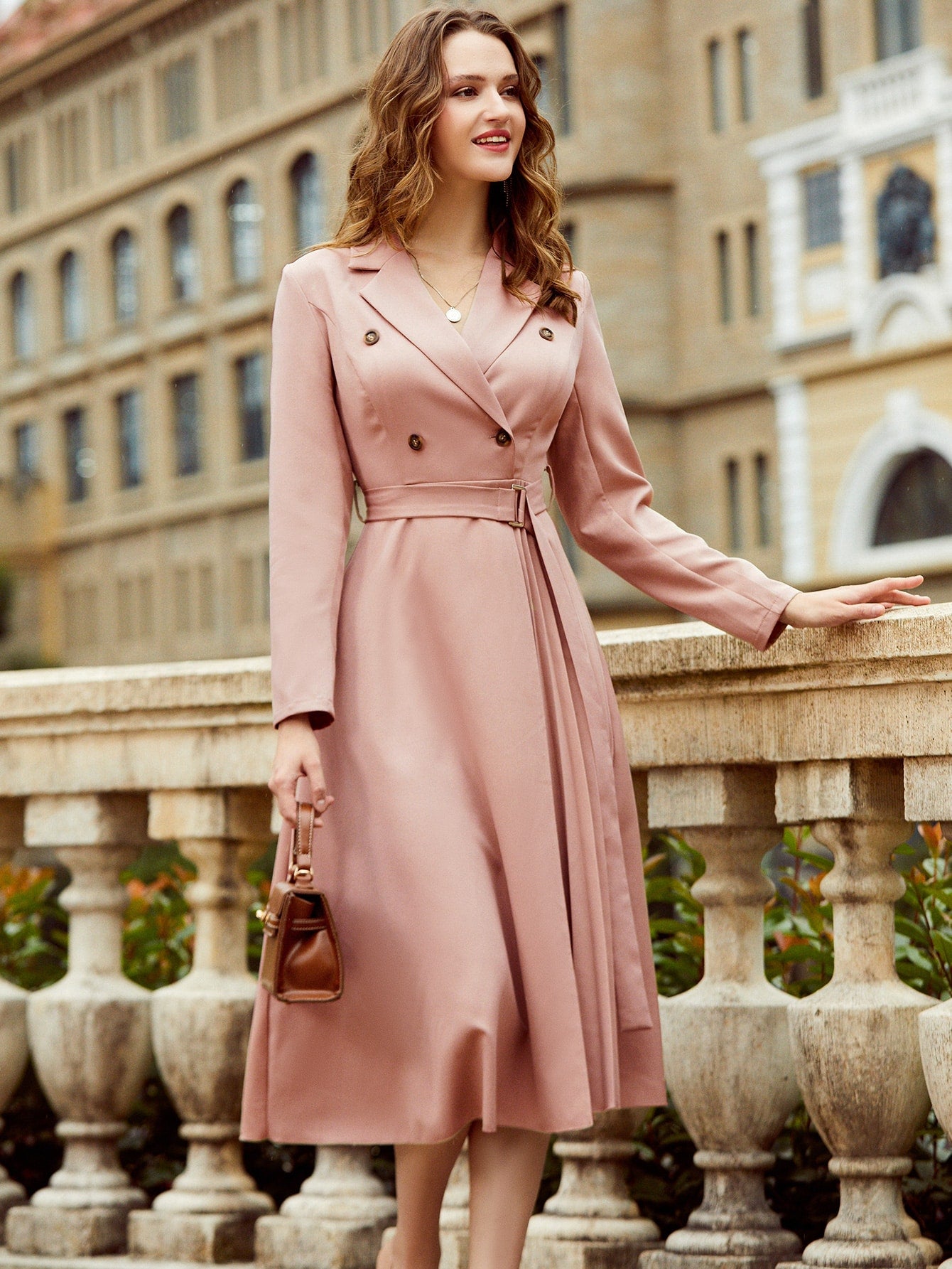 Double Button Belted Pleated Dress