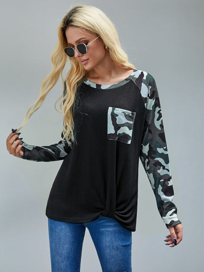 Twist Hem Contrast Camo Raglan Sleeve Tee