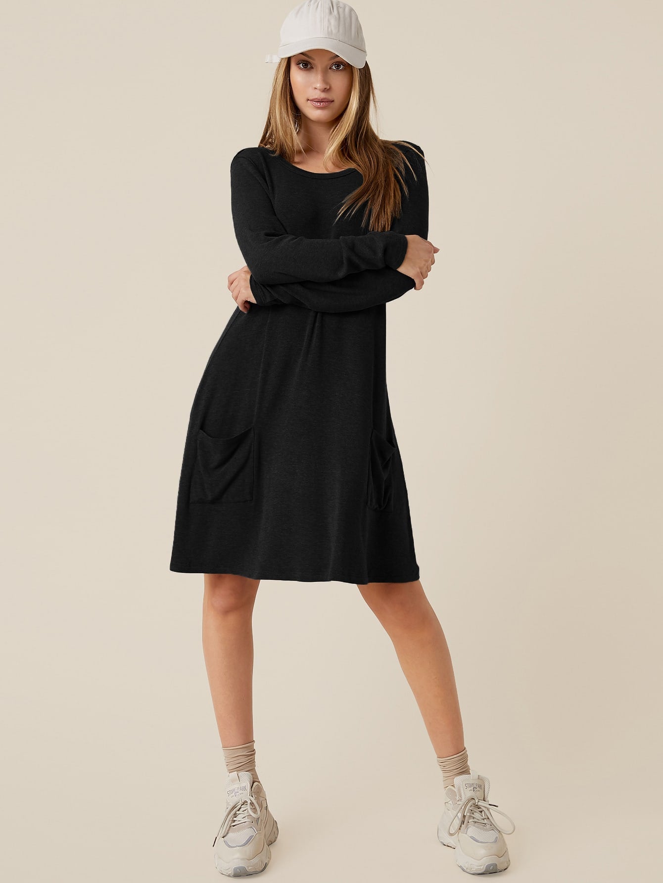 Pocket Patched Solid Dress