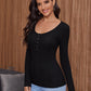 Scoop Neck Button Front Rib-knit Slim Tee