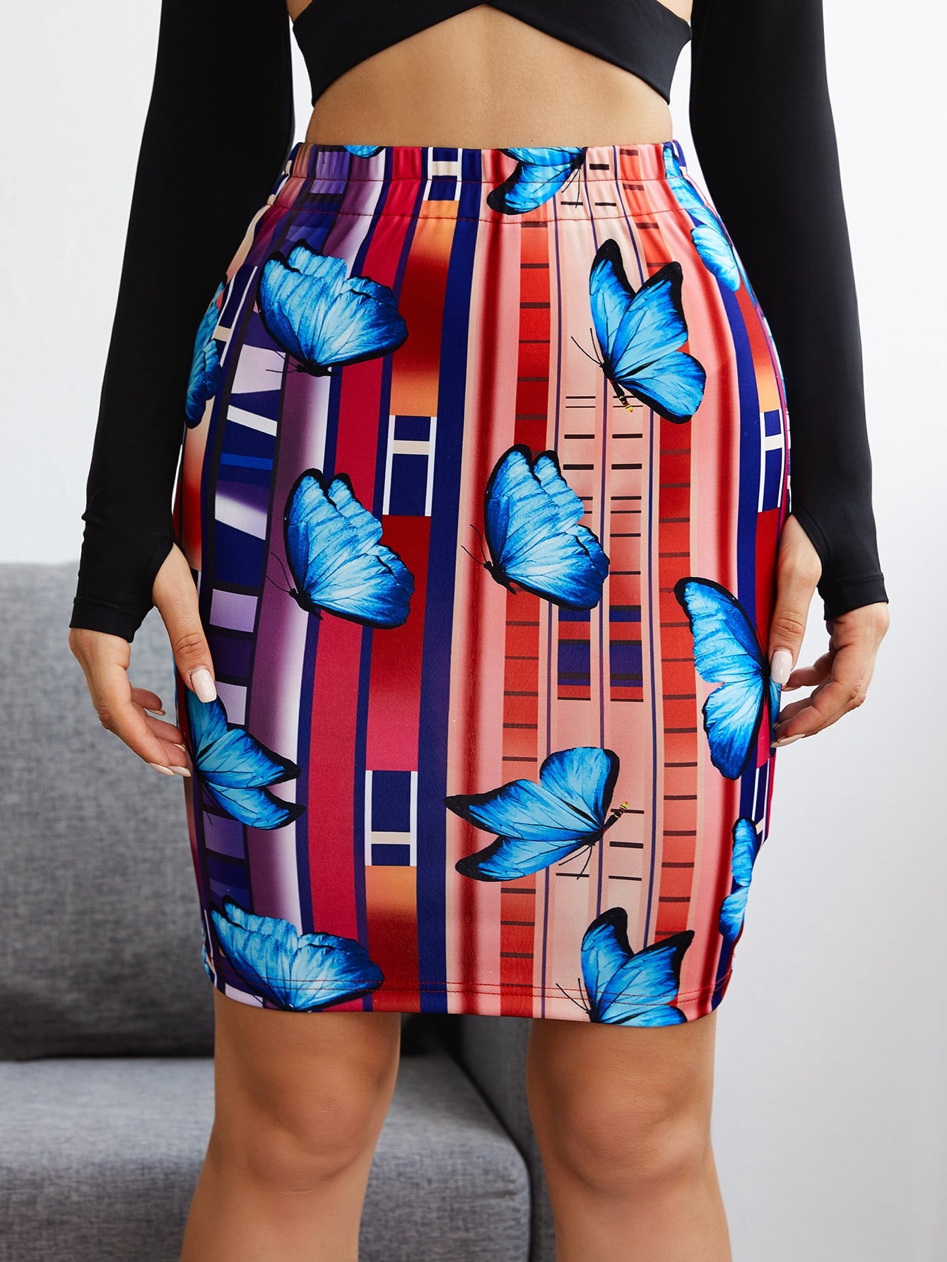 Butterfly Print Elastic Waist Bodycon Skirt