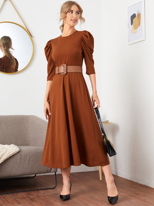 Puff Sleeve Self Buckle Belted Dress
