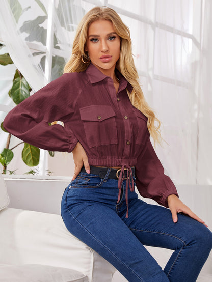 Flap Pocket Button Front Raglan Sleeve Top