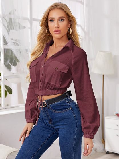 Flap Pocket Button Front Raglan Sleeve Top