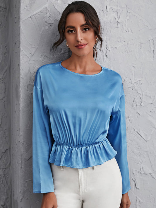 Drop Shoulder Satin Peplum Top