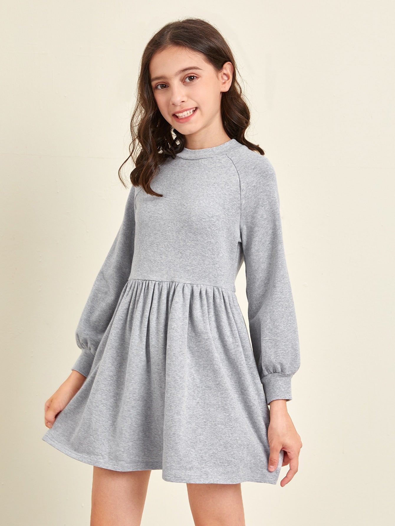 Girls Mock Neck Raglan Sleeve Solid Dress