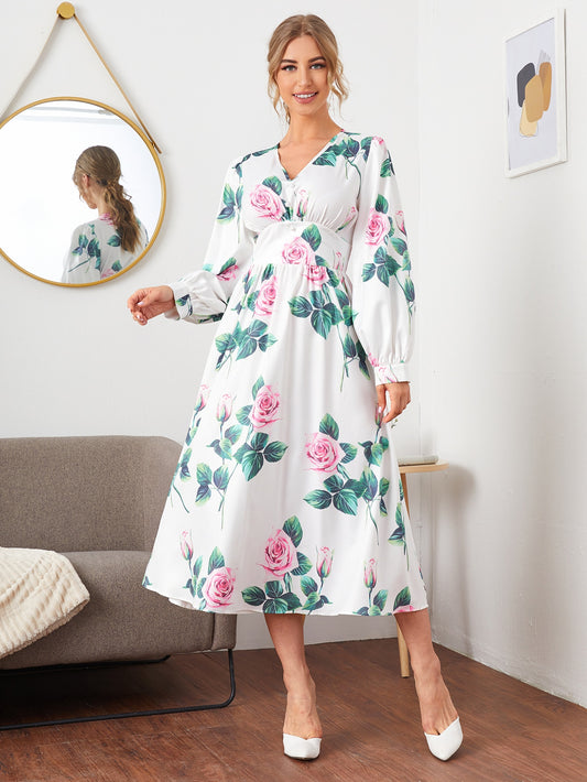 V-neck Lantern Sleeve Floral Print Dress