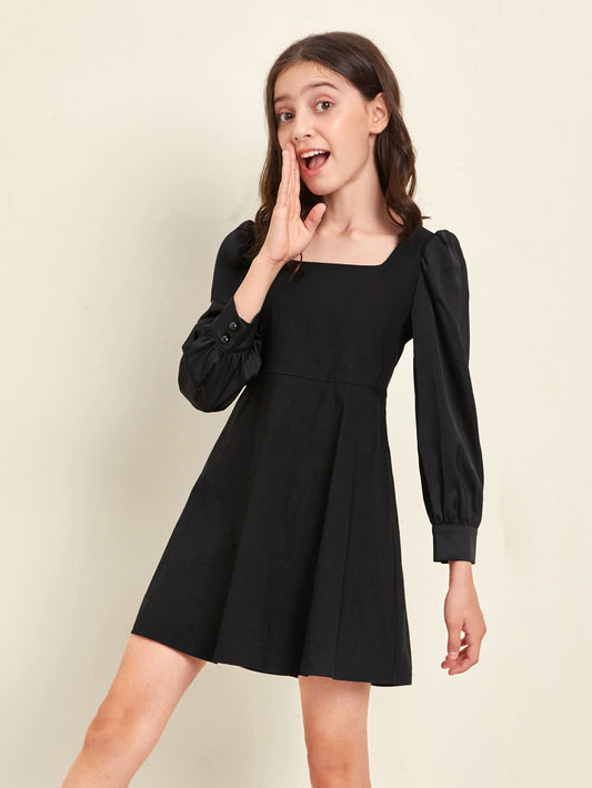 Girls Double Square Neck Puff Sleeve Dress