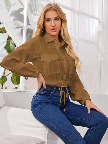 Flap Pocket Button Front Raglan Sleeve Top